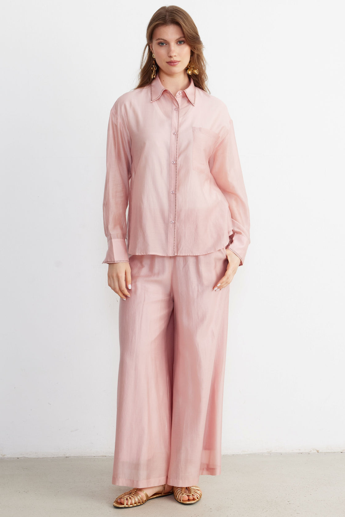 Contrast-Stitch Oversized Set— Blush pink