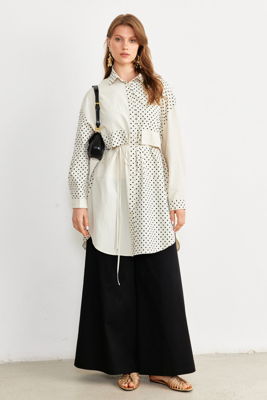 Polka-Dot Panelled Drawstring Shirt Tunic — Ivory/Black