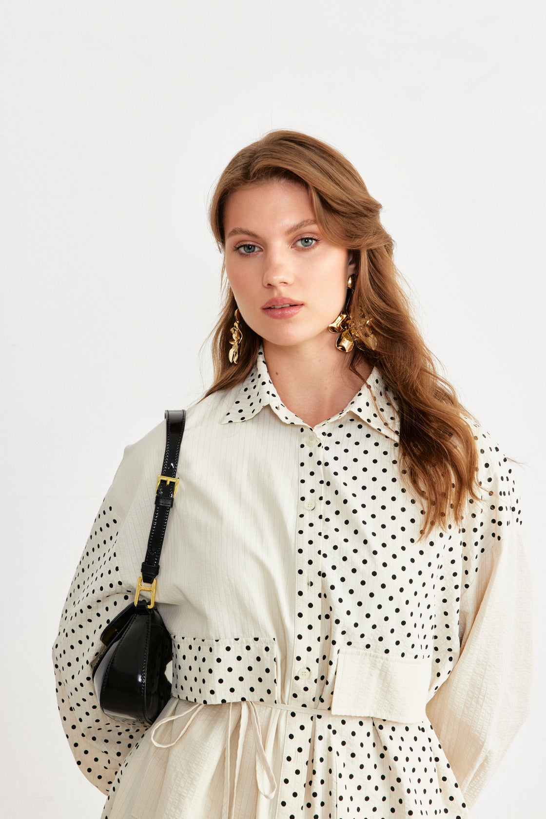 Polka-Dot Panelled Drawstring Shirt Tunic — Ivory/Black