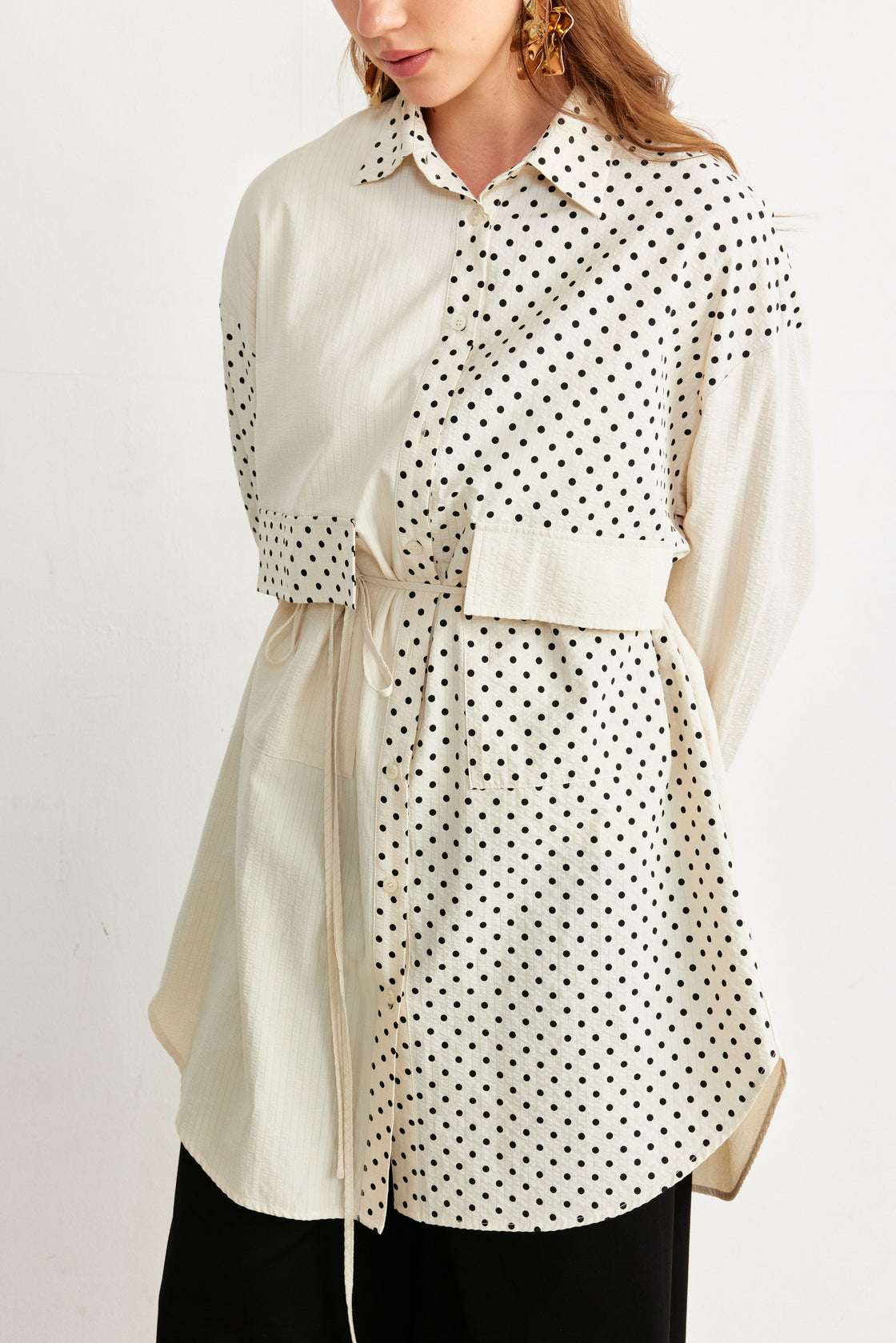 Polka-Dot Panelled Drawstring Shirt Tunic — Ivory/Black