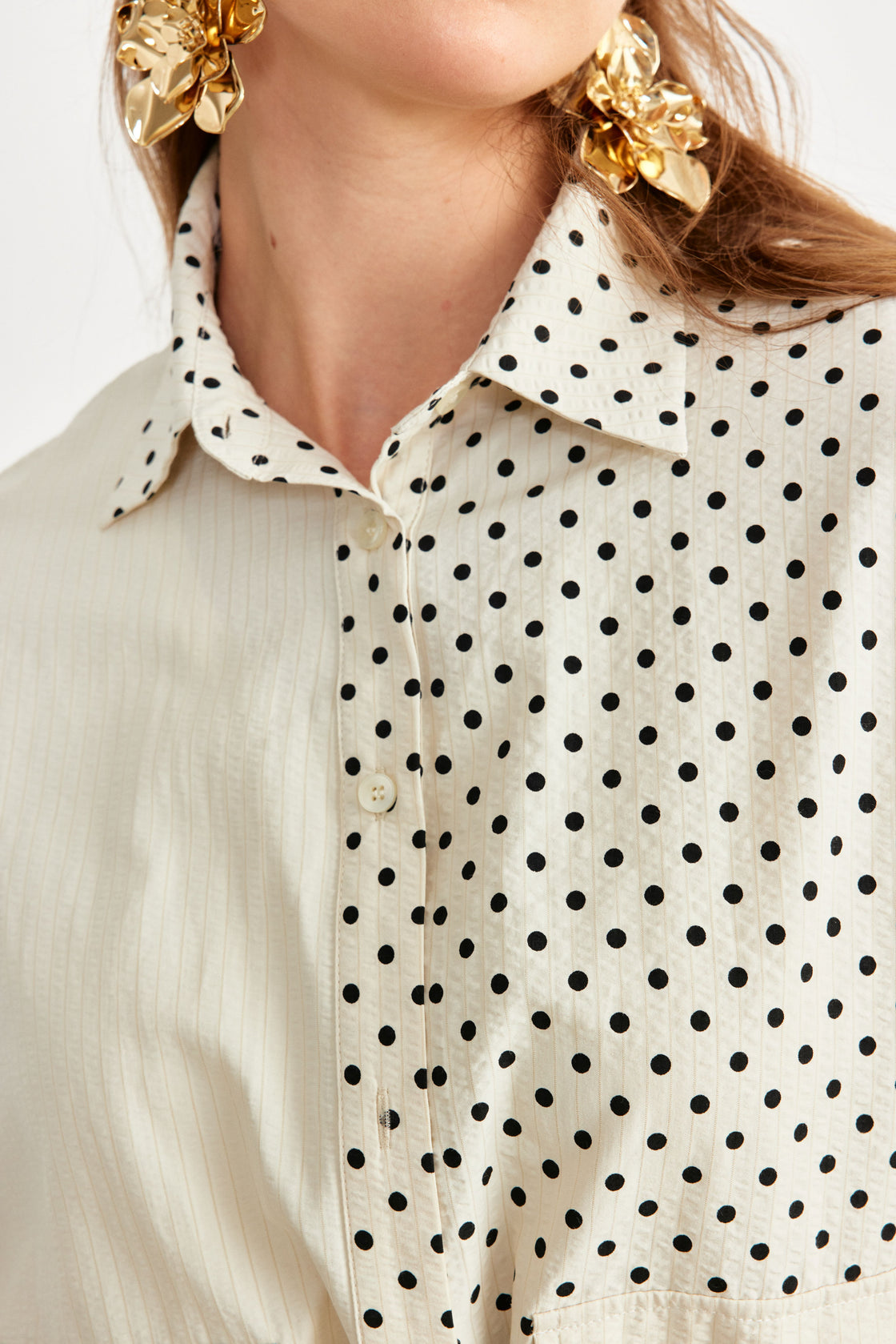 Polka-Dot Panelled Drawstring Shirt Tunic — Ivory/Black