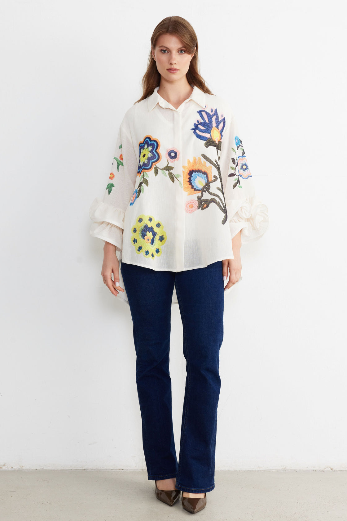 Botanical Embroidered Ruffle-Sleeve Shirt — Ivory