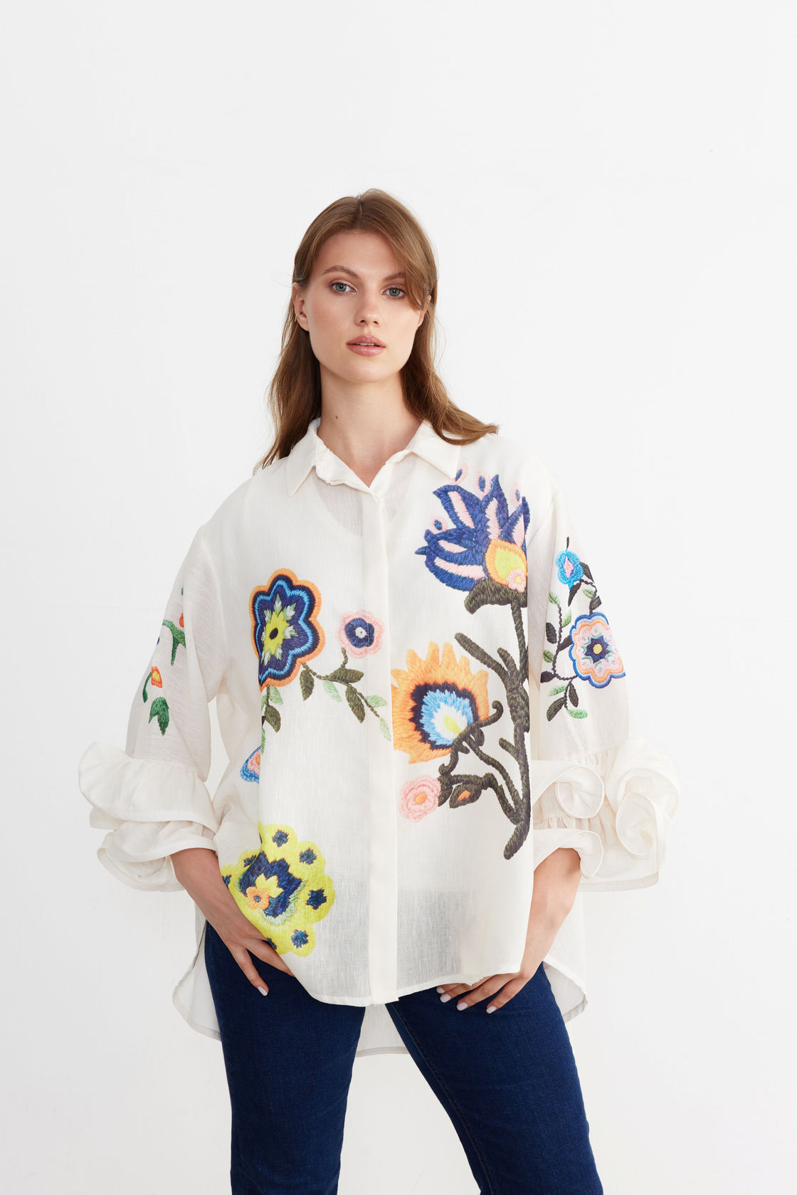 Botanical Embroidered Ruffle-Sleeve Shirt — Ivory