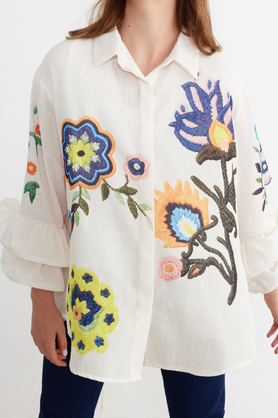 Botanical Embroidered Ruffle-Sleeve Shirt — Ivory
