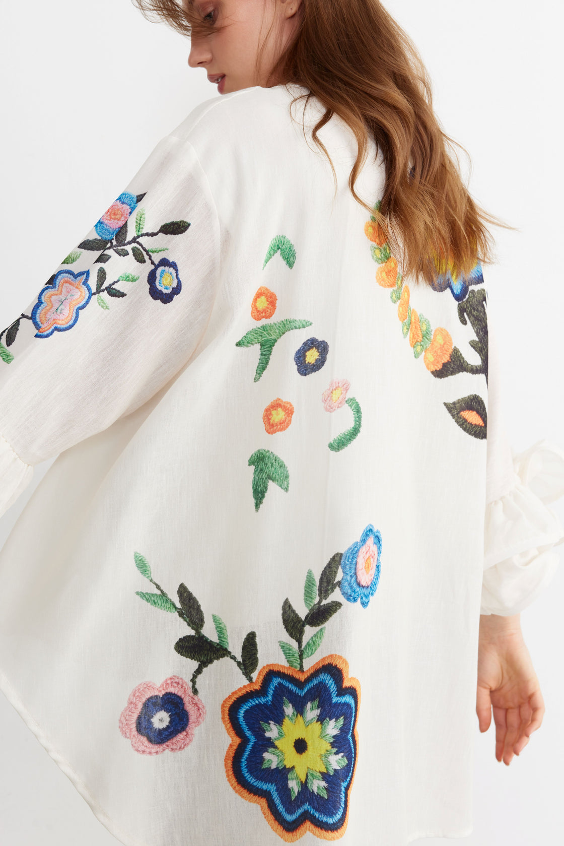 Botanical Embroidered Ruffle-Sleeve Shirt — Ivory