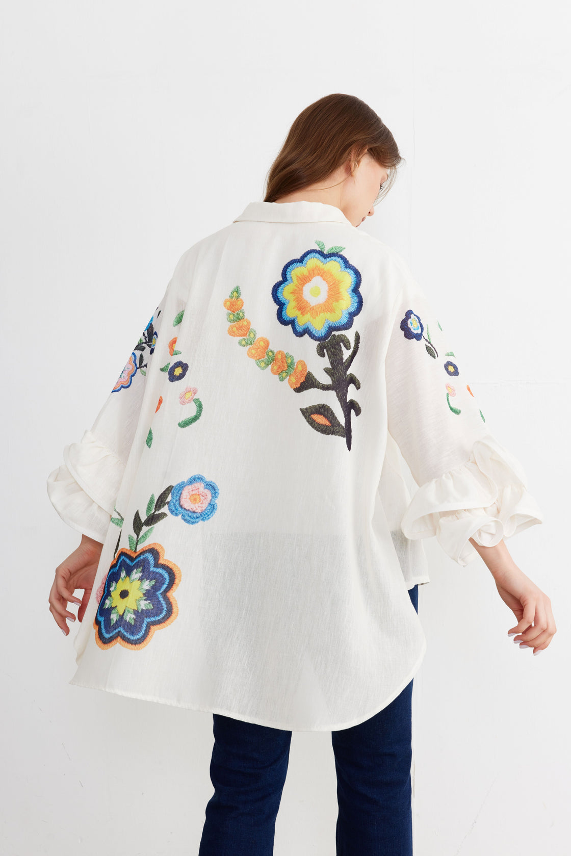 Botanical Embroidered Ruffle-Sleeve Shirt — Ivory