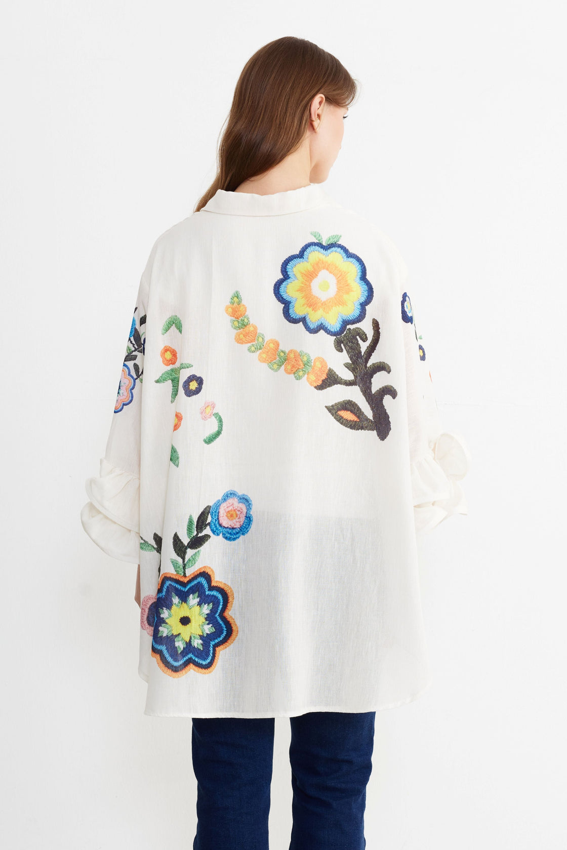 Botanical Embroidered Ruffle-Sleeve Shirt — Ivory