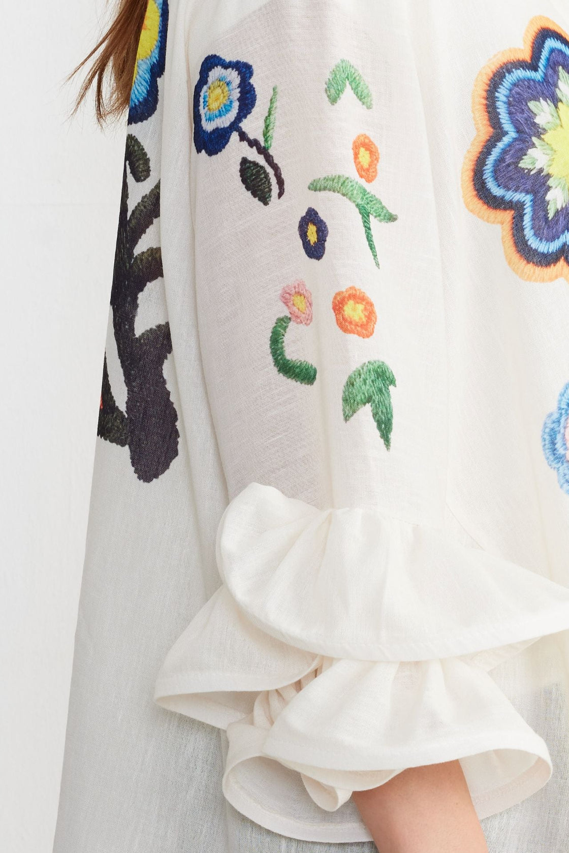Botanical Embroidered Ruffle-Sleeve Shirt — Ivory