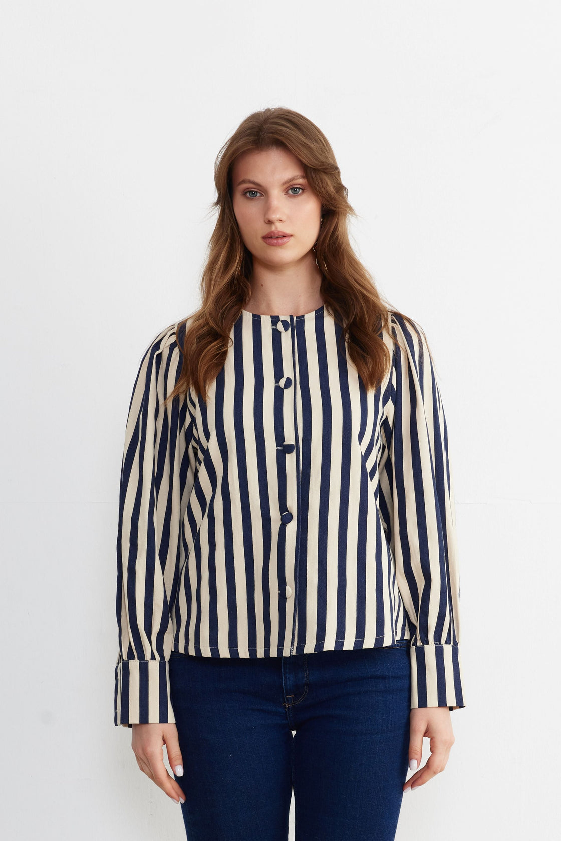 Striped Sculpted-Sleeve Blouse — Navy/Ivory