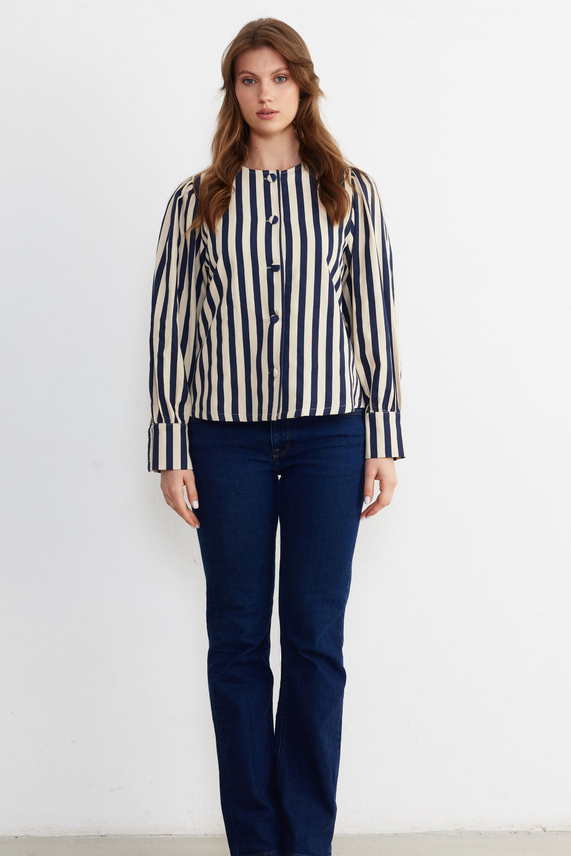 Striped Sculpted-Sleeve Blouse — Navy/Ivory