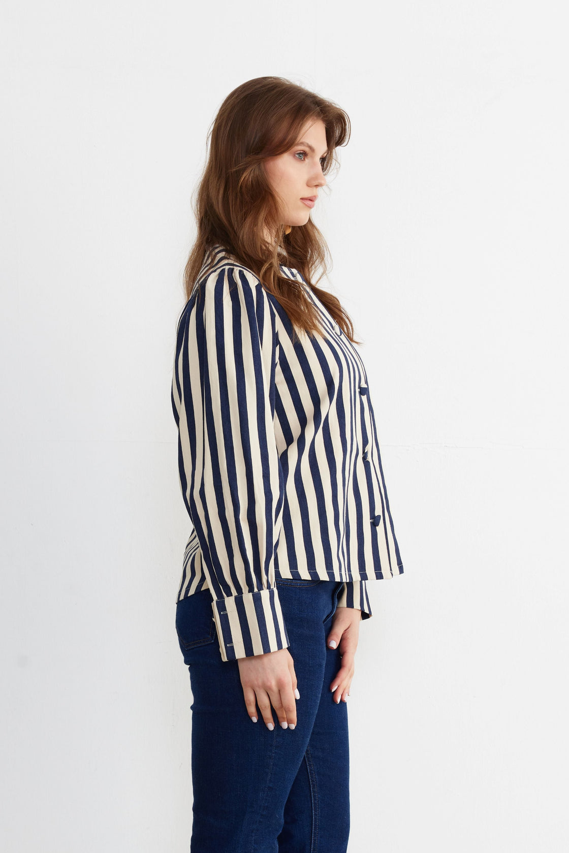 Striped Sculpted-Sleeve Blouse — Navy/Ivory