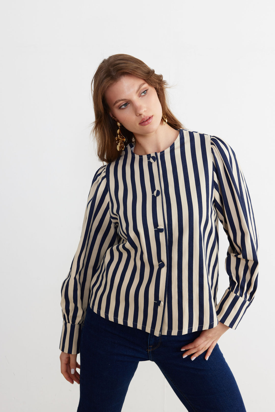 Striped Sculpted-Sleeve Blouse — Navy/Ivory