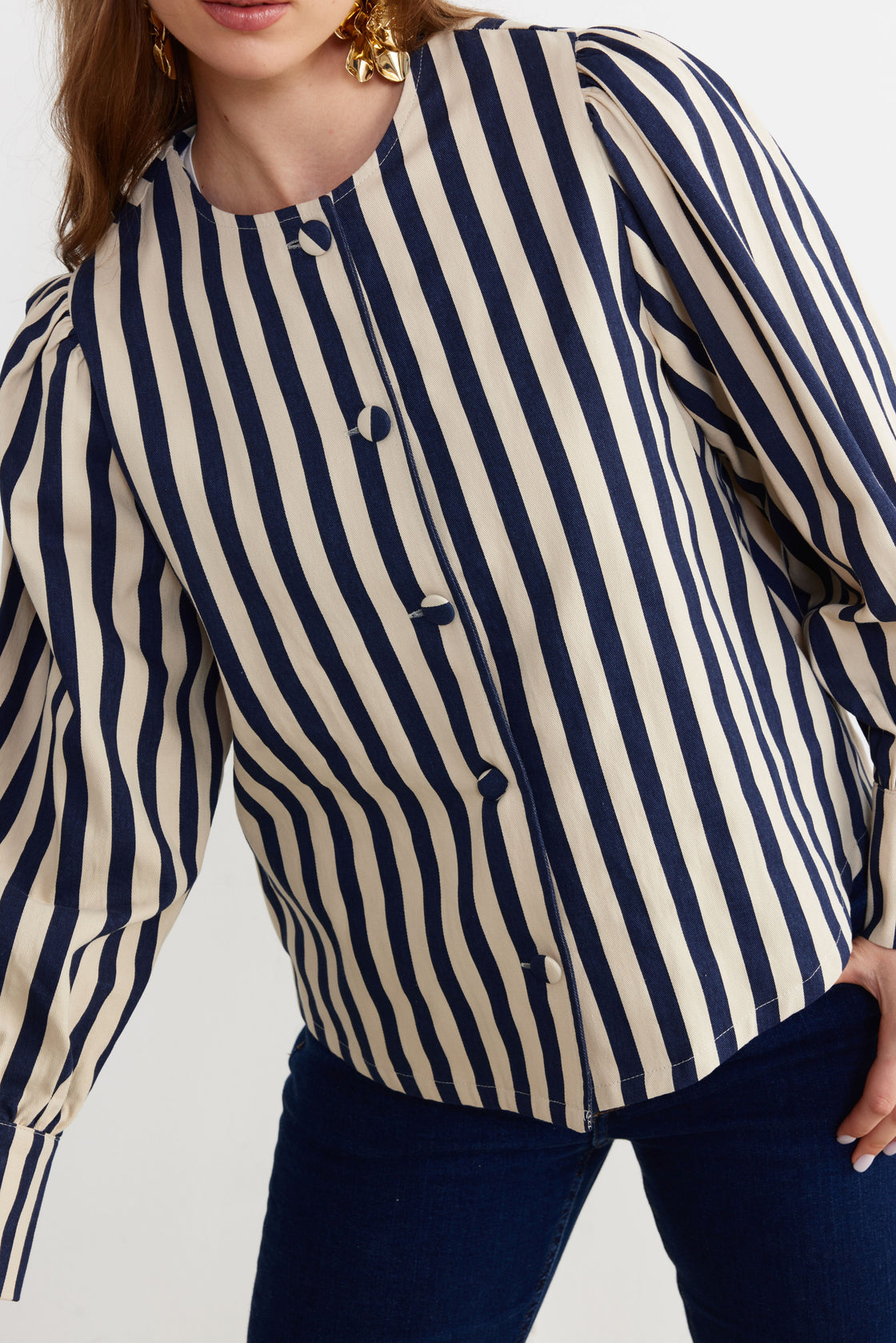 Striped Sculpted-Sleeve Blouse — Navy/Ivory