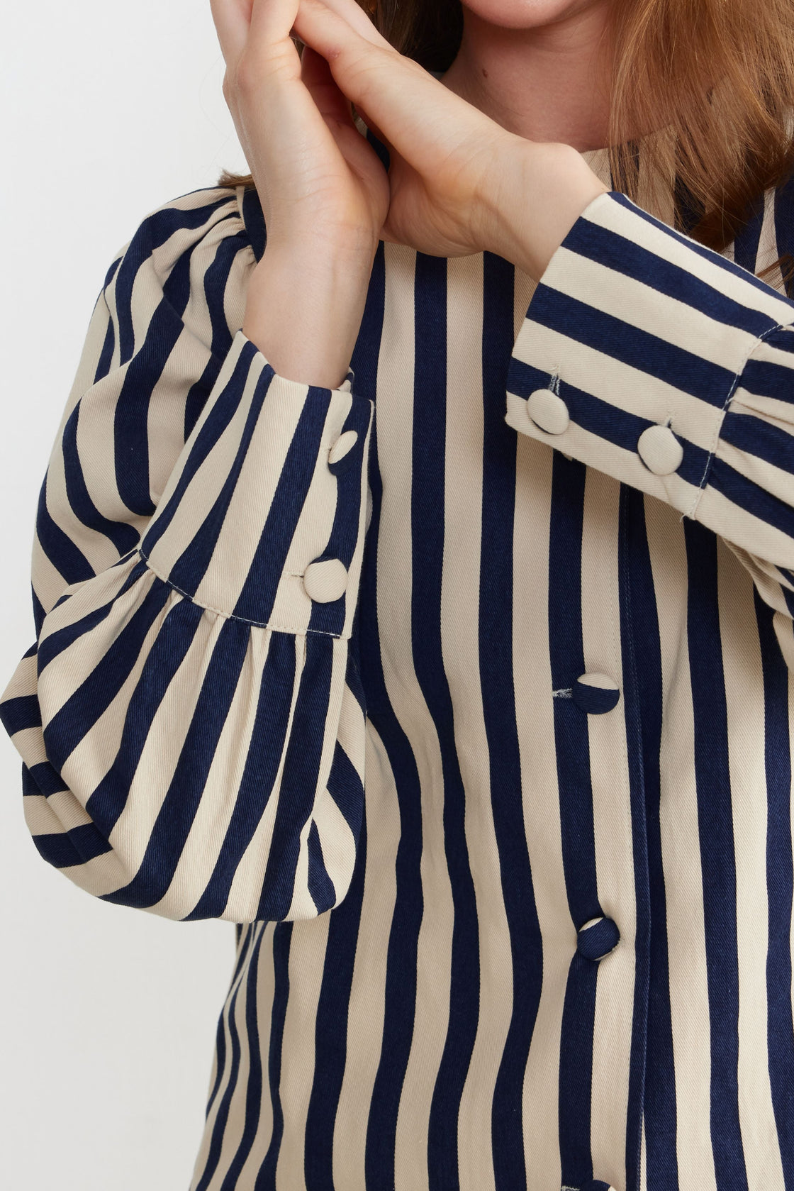 Striped Sculpted-Sleeve Blouse — Navy/Ivory