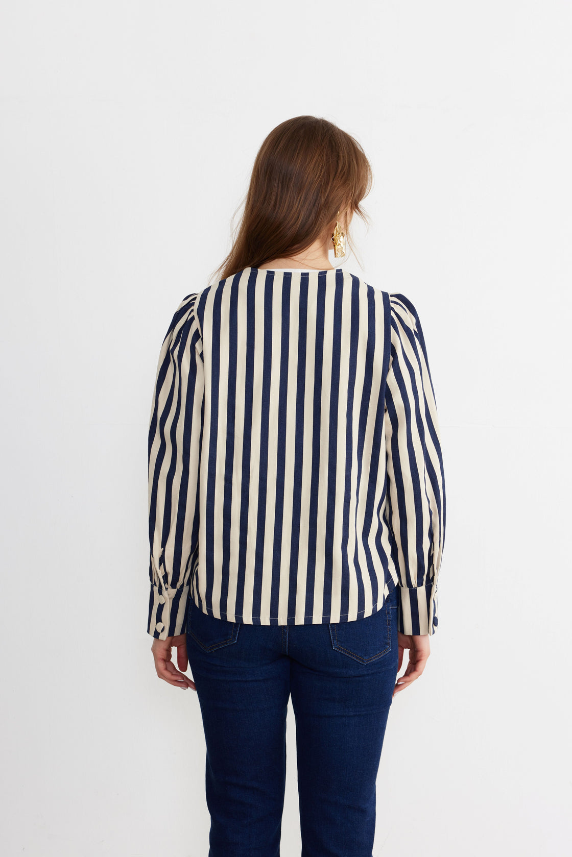 Striped Sculpted-Sleeve Blouse — Navy/Ivory