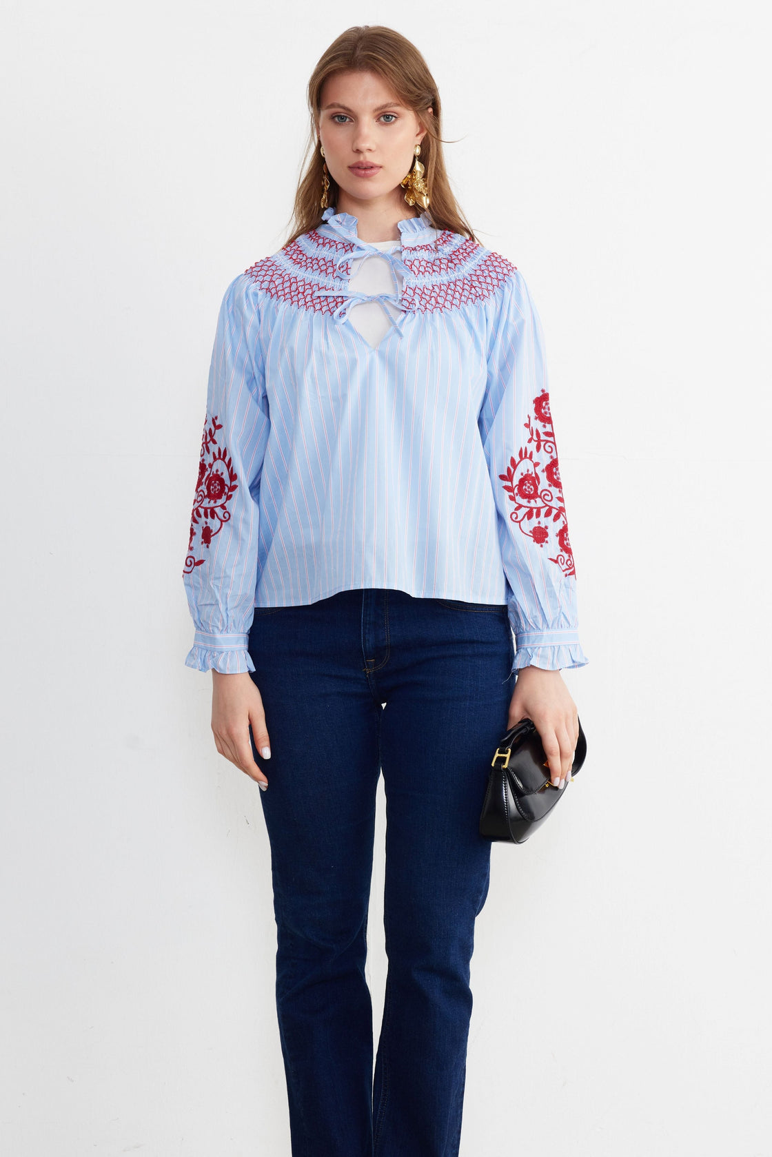 Smocked Embroidered Stripe Blouse — Sky Blue/Crimson