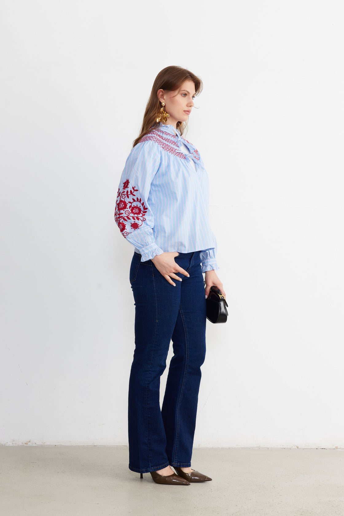 Smocked Embroidered Stripe Blouse — Sky Blue/Crimson
