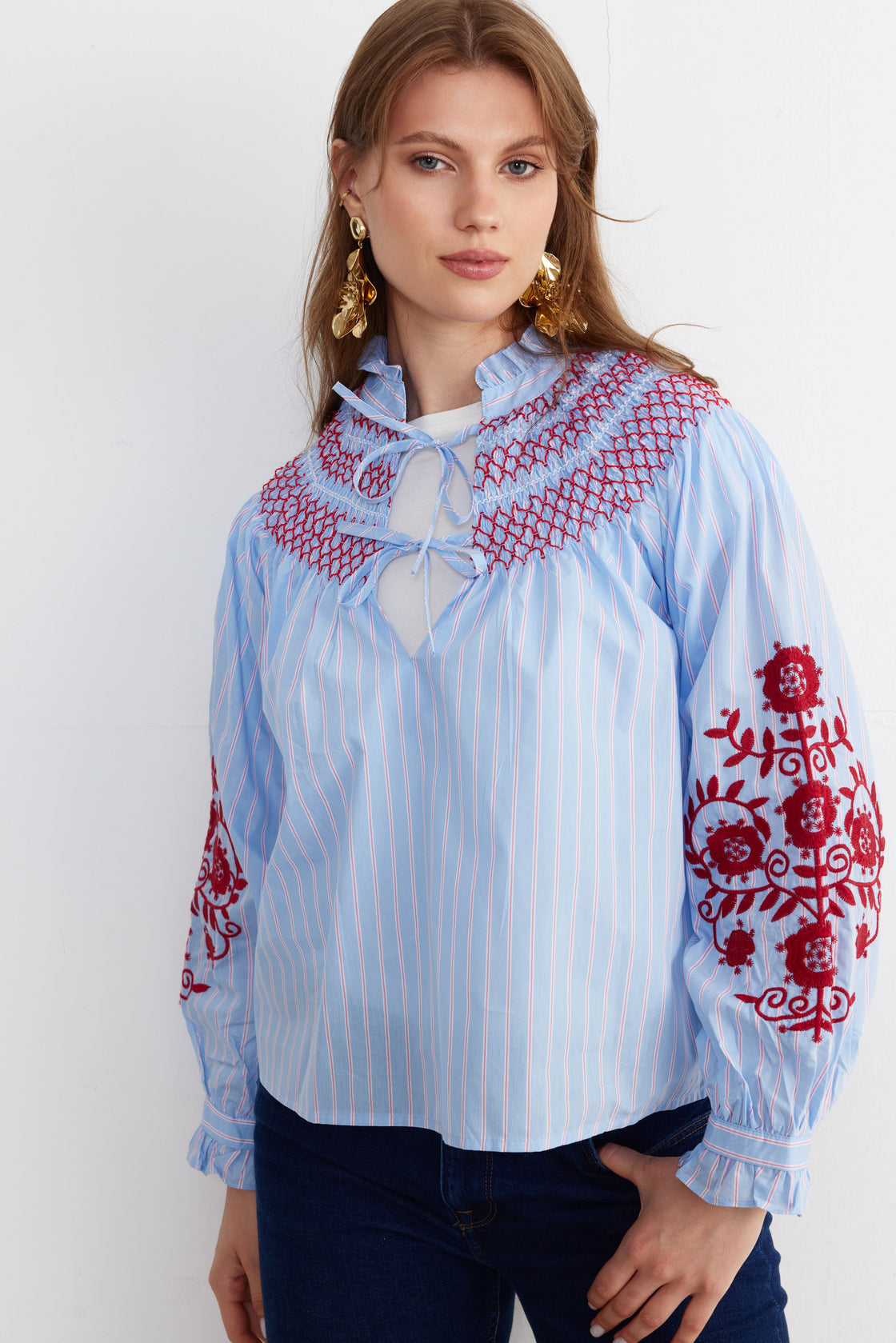 Smocked Embroidered Stripe Blouse — Sky Blue/Crimson