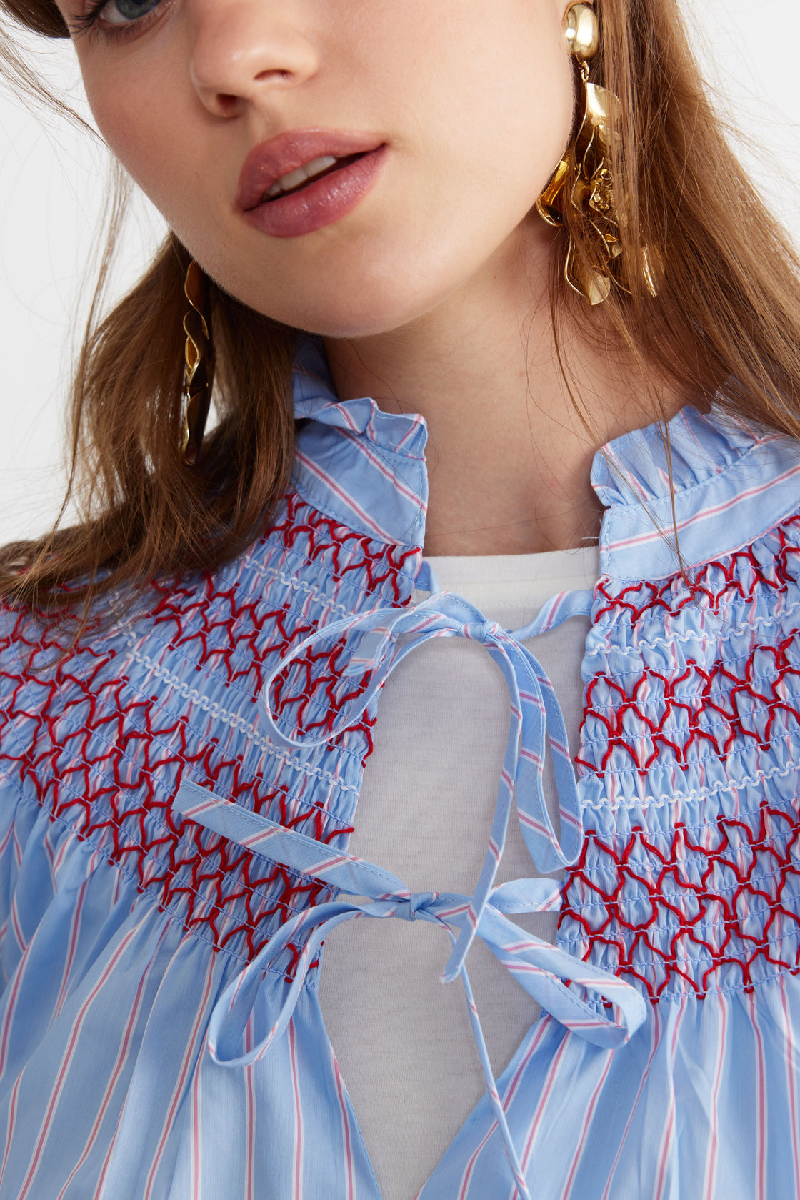 Smocked Embroidered Stripe Blouse — Sky Blue/Crimson