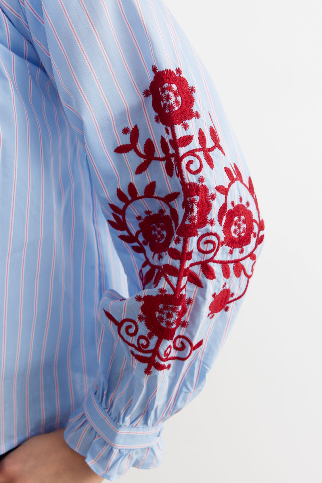 Smocked Embroidered Stripe Blouse — Sky Blue/Crimson