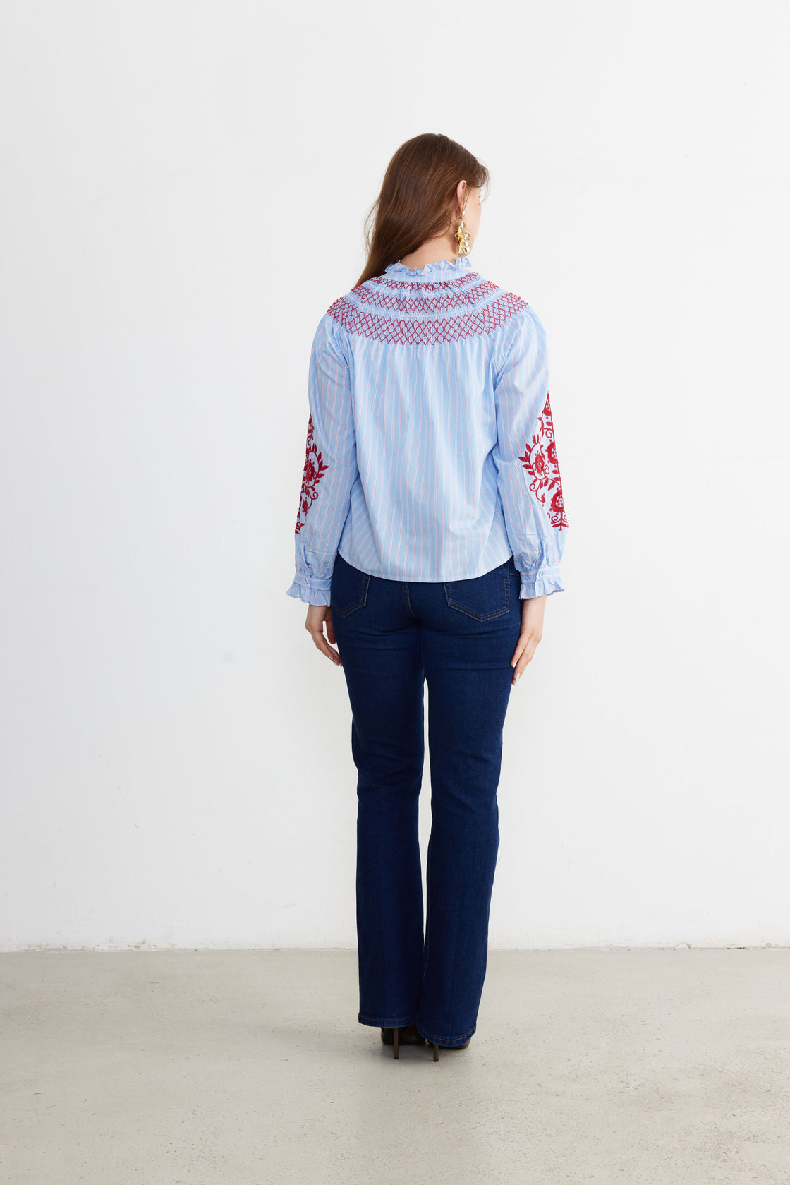 Smocked Embroidered Stripe Blouse — Sky Blue/Crimson