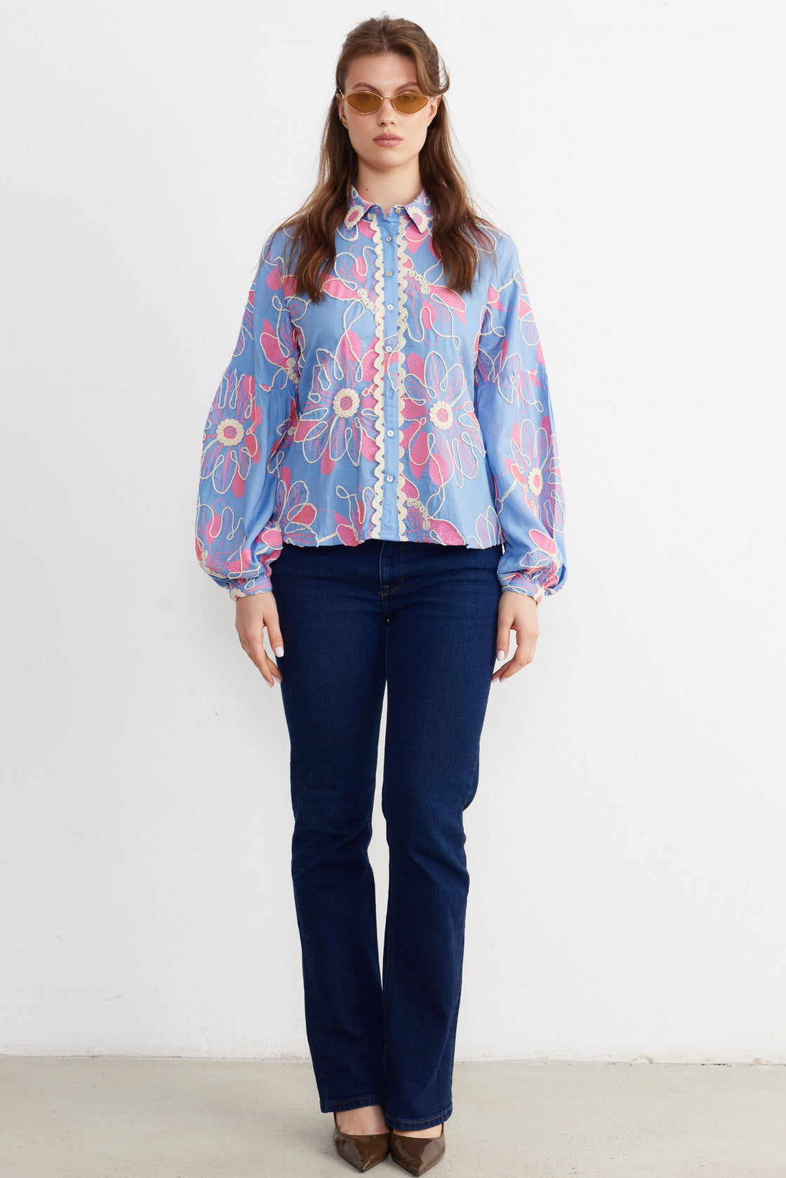 Embroidered Floral Balloon-Sleeve Blouse — Cornflower Blue