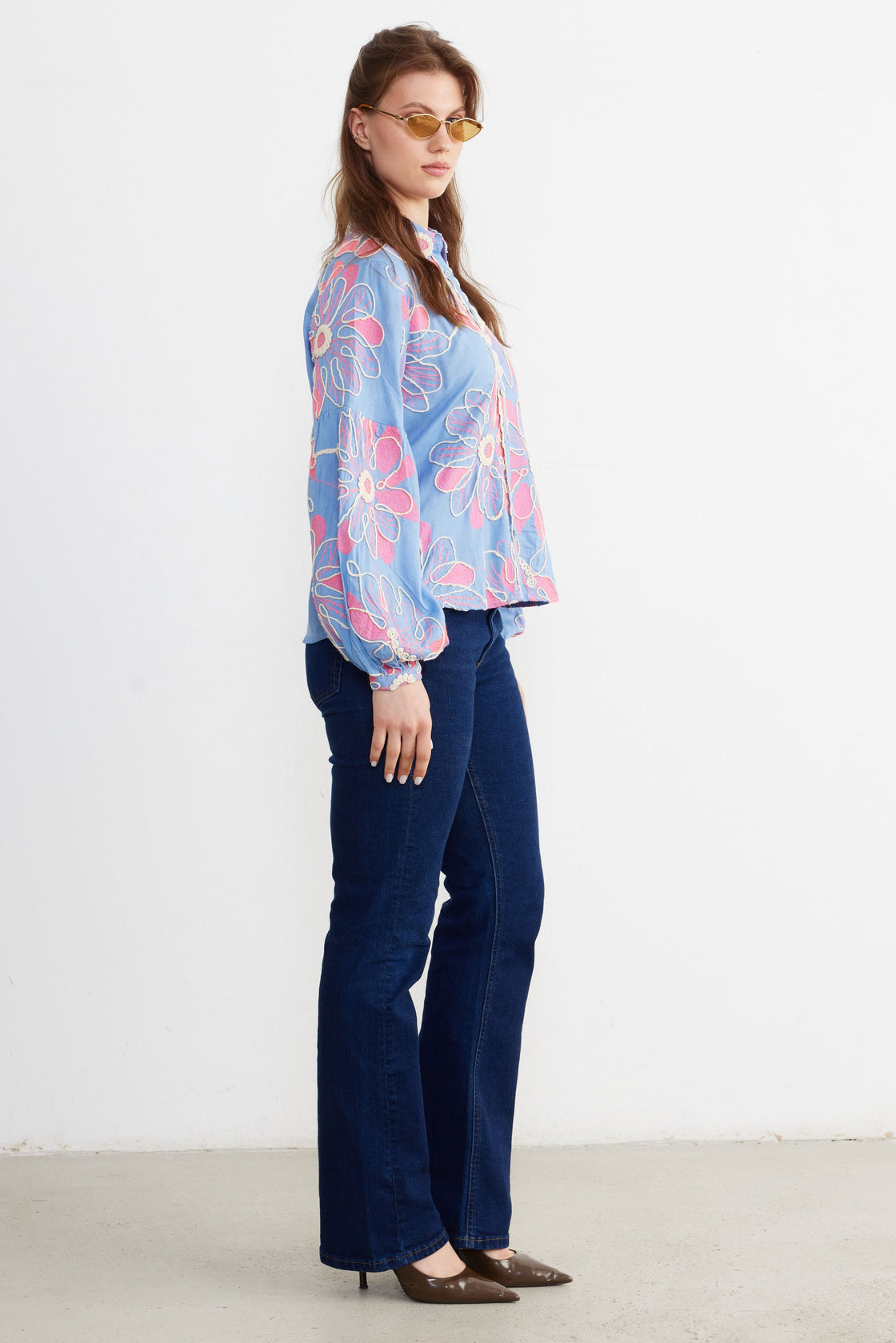 Embroidered Floral Balloon-Sleeve Blouse — Cornflower Blue