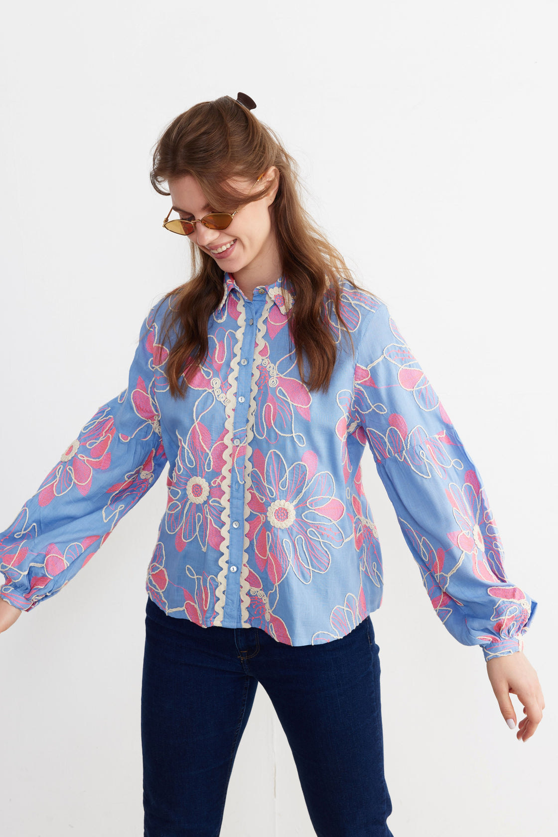 Embroidered Floral Balloon-Sleeve Blouse — Cornflower Blue