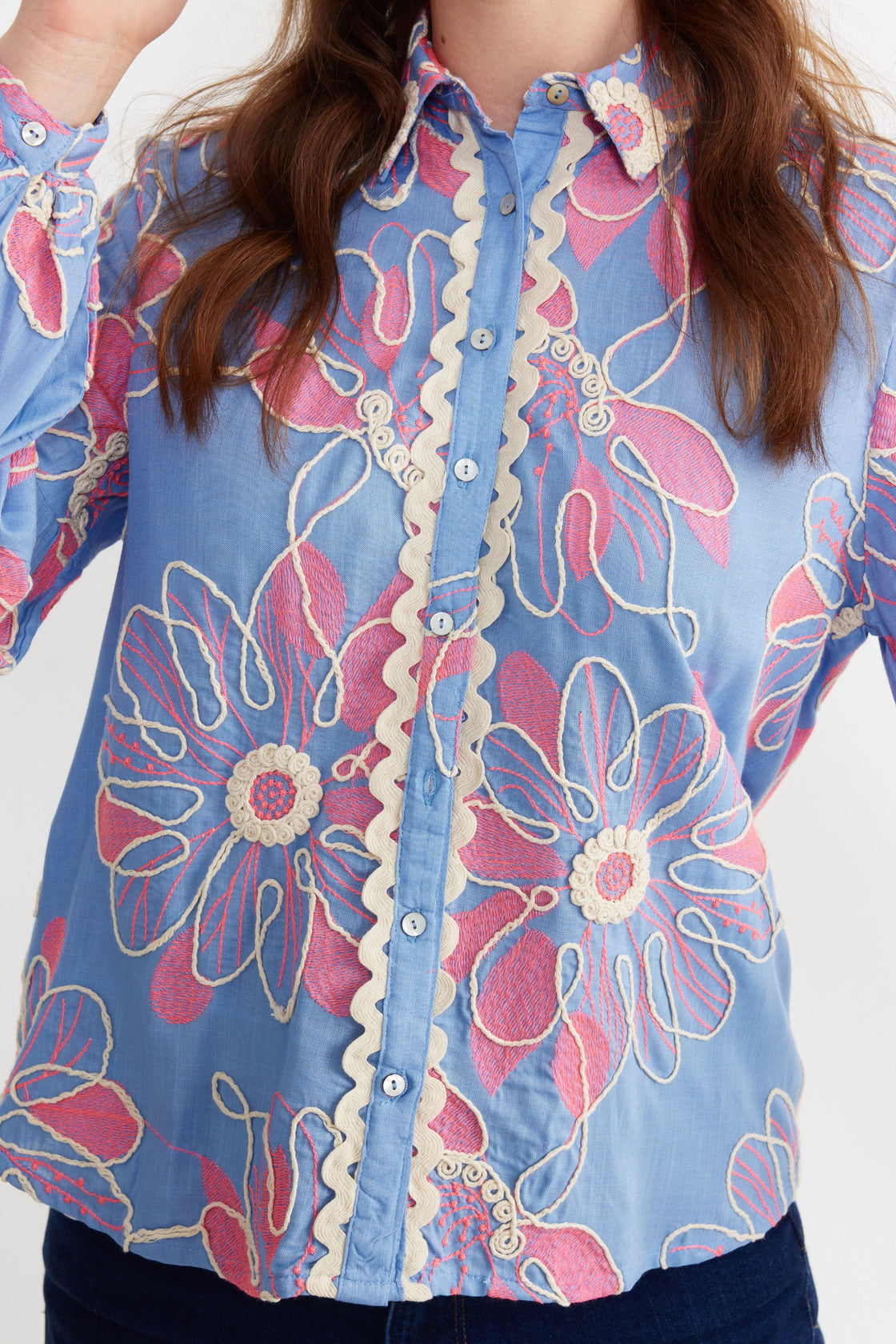 Embroidered Floral Balloon-Sleeve Blouse — Cornflower Blue