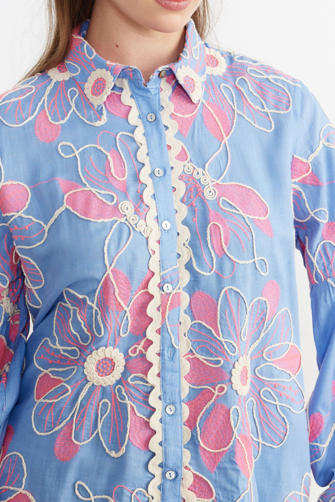 Embroidered Floral Balloon-Sleeve Blouse — Cornflower Blue