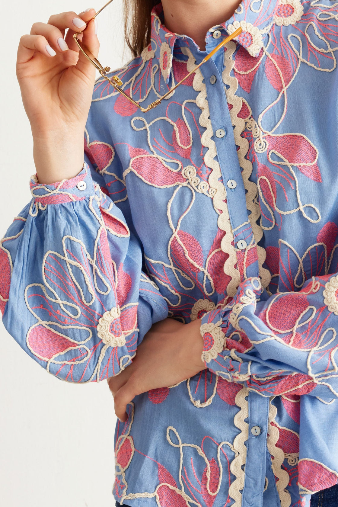 Embroidered Floral Balloon-Sleeve Blouse — Cornflower Blue
