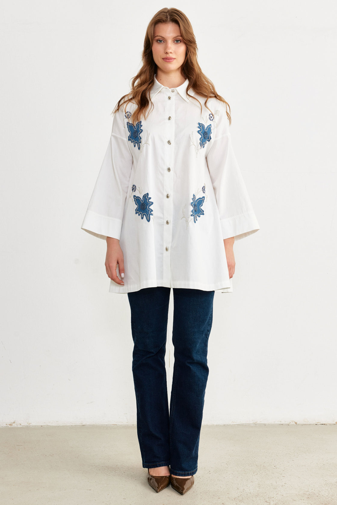 Beaded Floral Appliqué Oversized Shirt — White/Blue