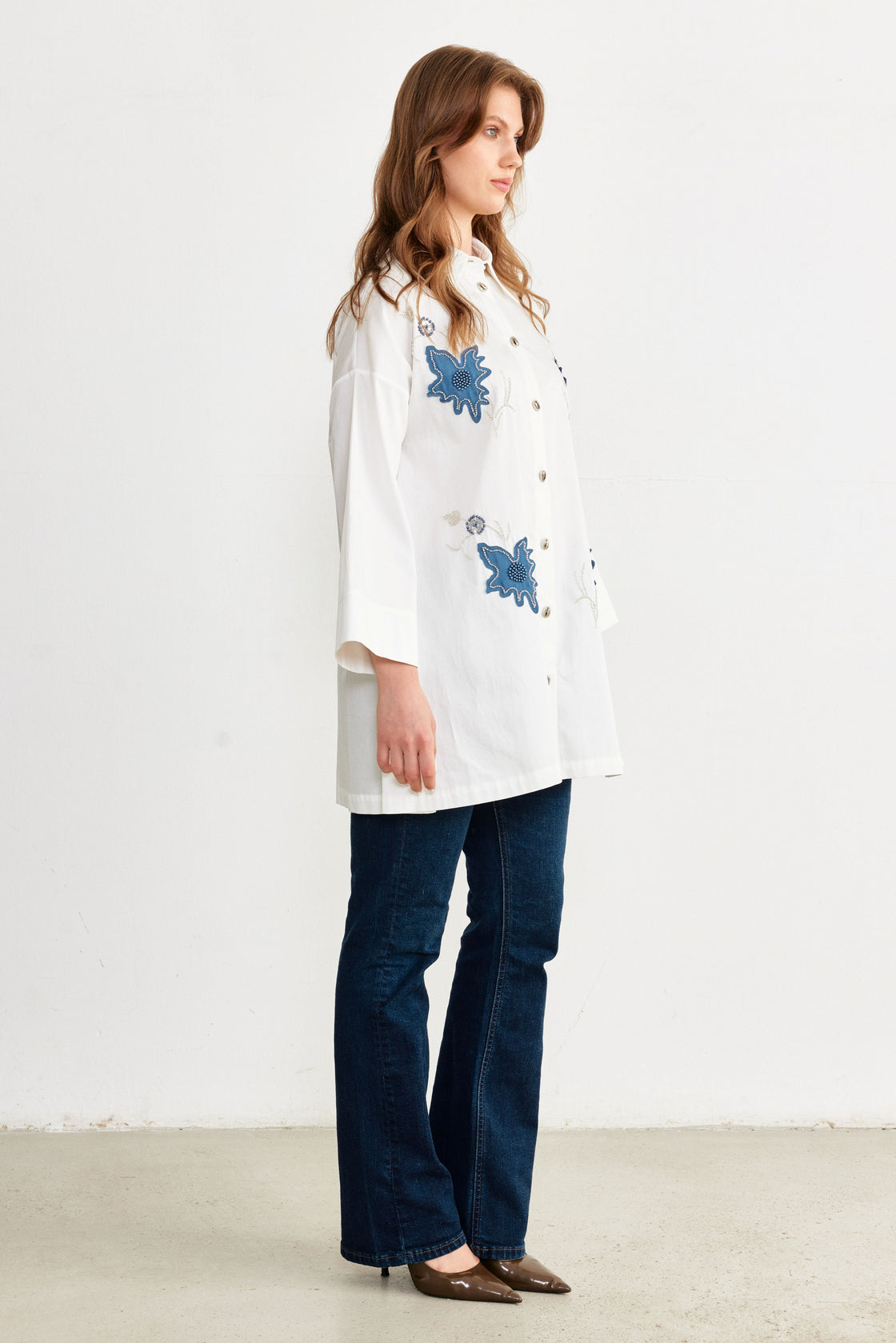 Beaded Floral Appliqué Oversized Shirt — White/Blue