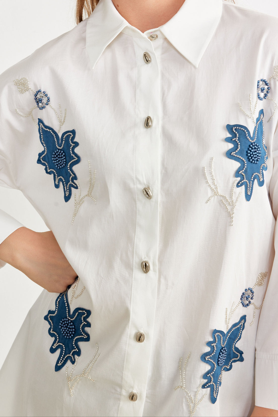 Beaded Floral Appliqué Oversized Shirt — White/Blue