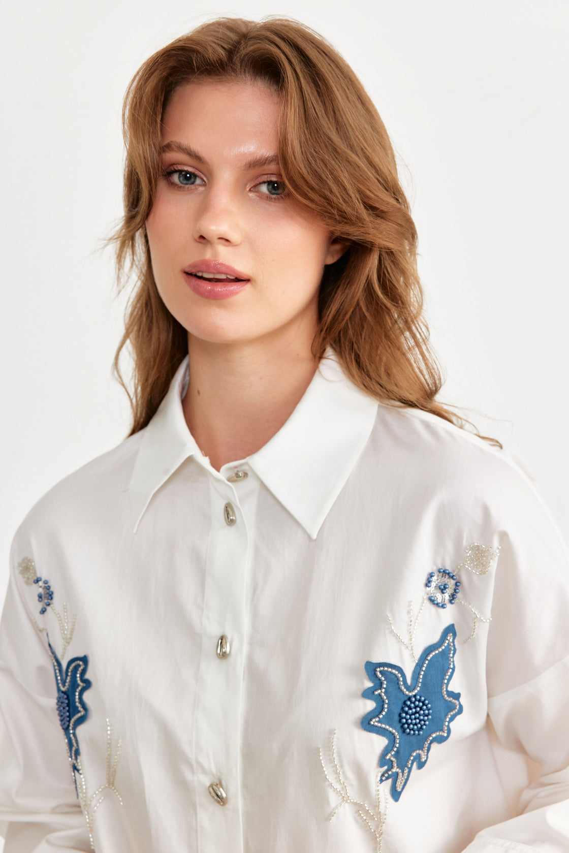 Beaded Floral Appliqué Oversized Shirt — White/Blue