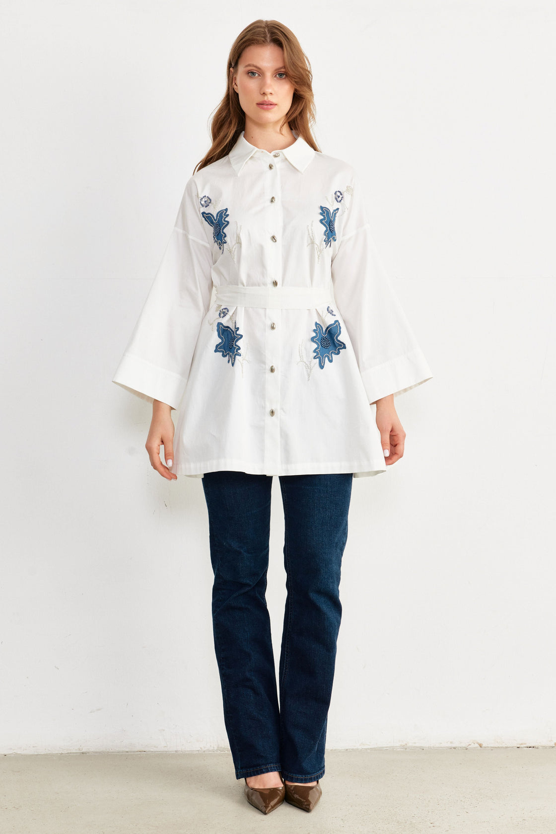 Beaded Floral Appliqué Oversized Shirt — White/Blue