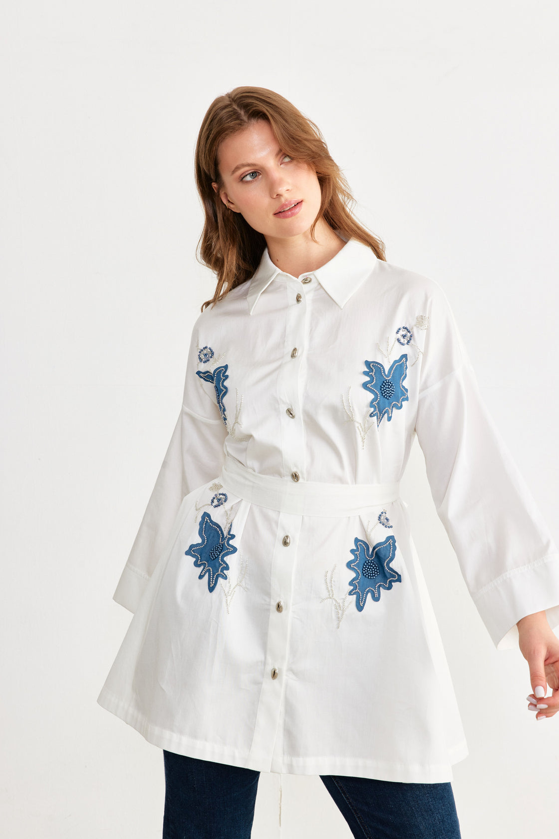 Beaded Floral Appliqué Oversized Shirt — White/Blue