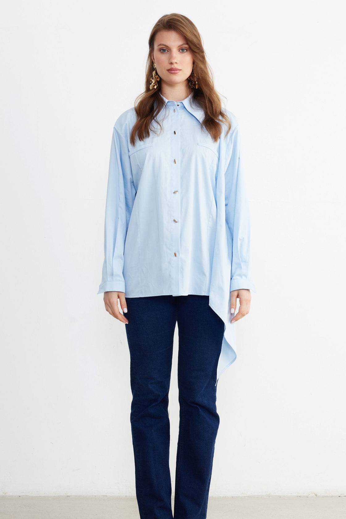 Asymmetric Tie-Detail Poplin Shirt — Powder Blue