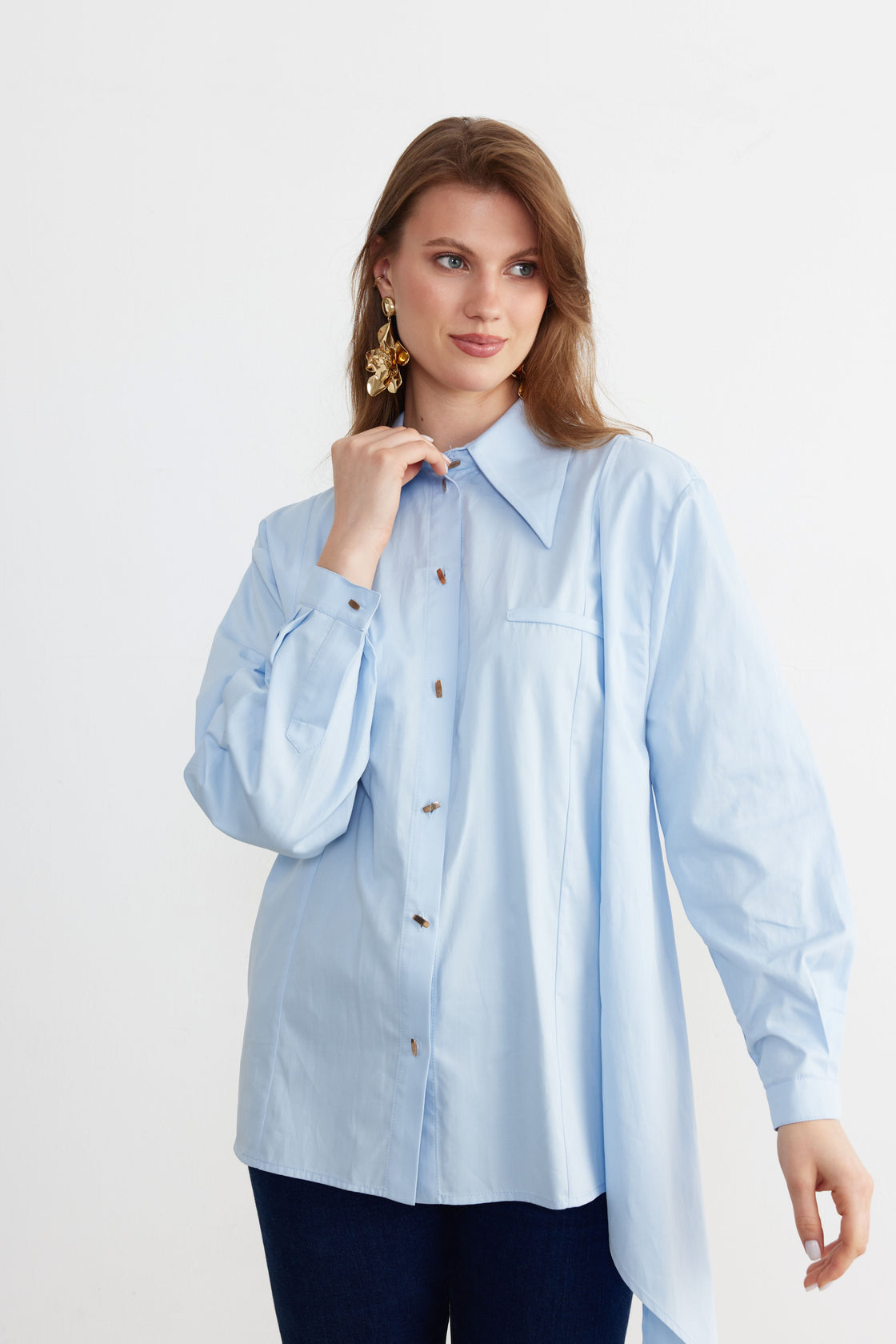 Asymmetric Tie-Detail Poplin Shirt — Powder Blue
