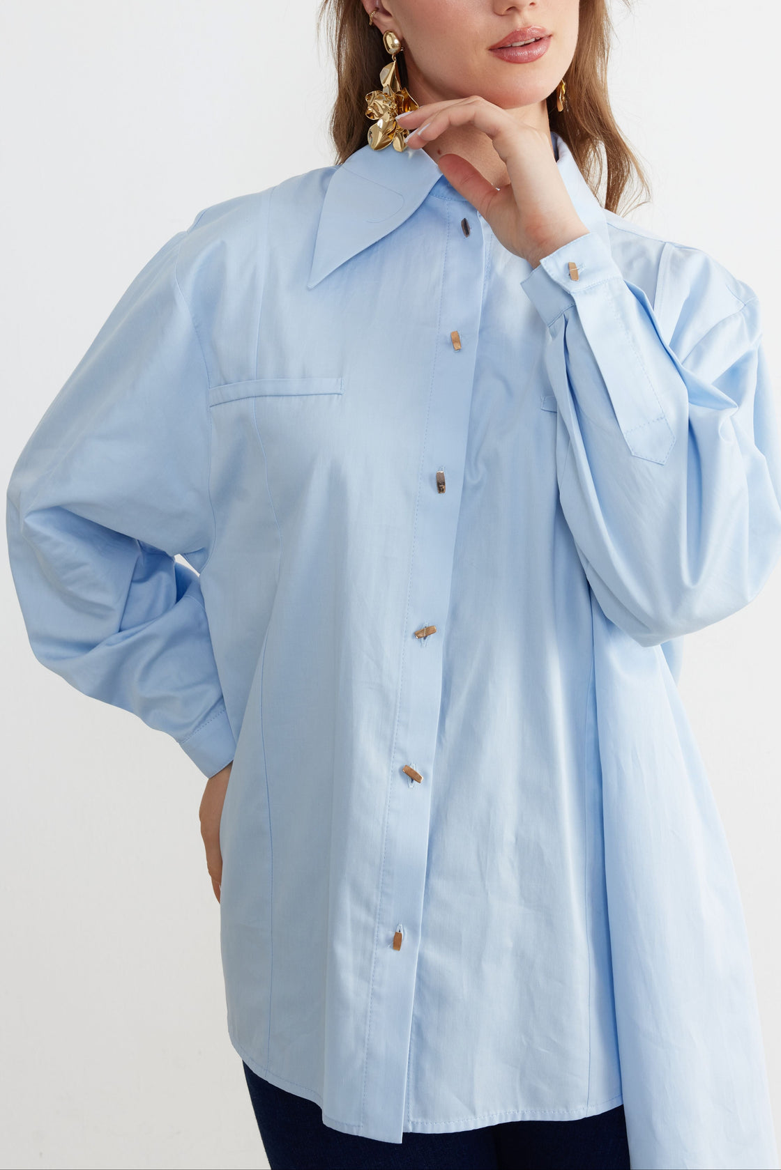 Asymmetric Tie-Detail Poplin Shirt — Powder Blue