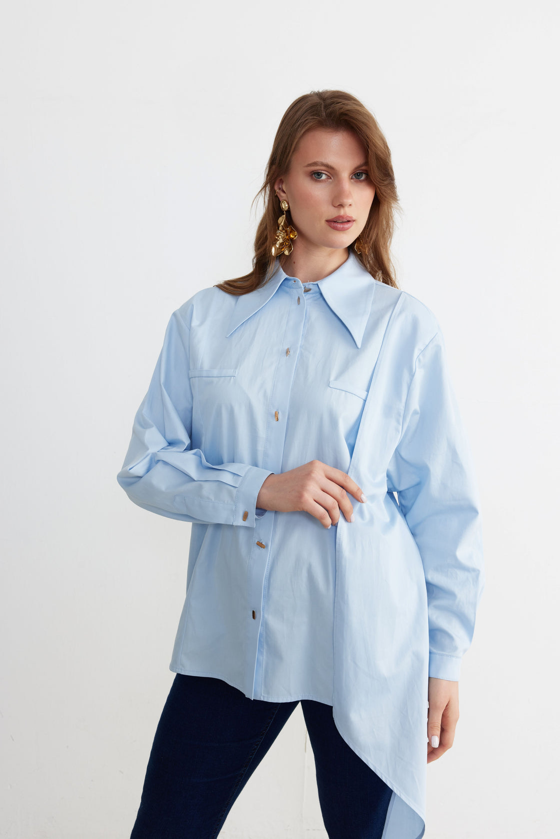 Asymmetric Tie-Detail Poplin Shirt — Powder Blue