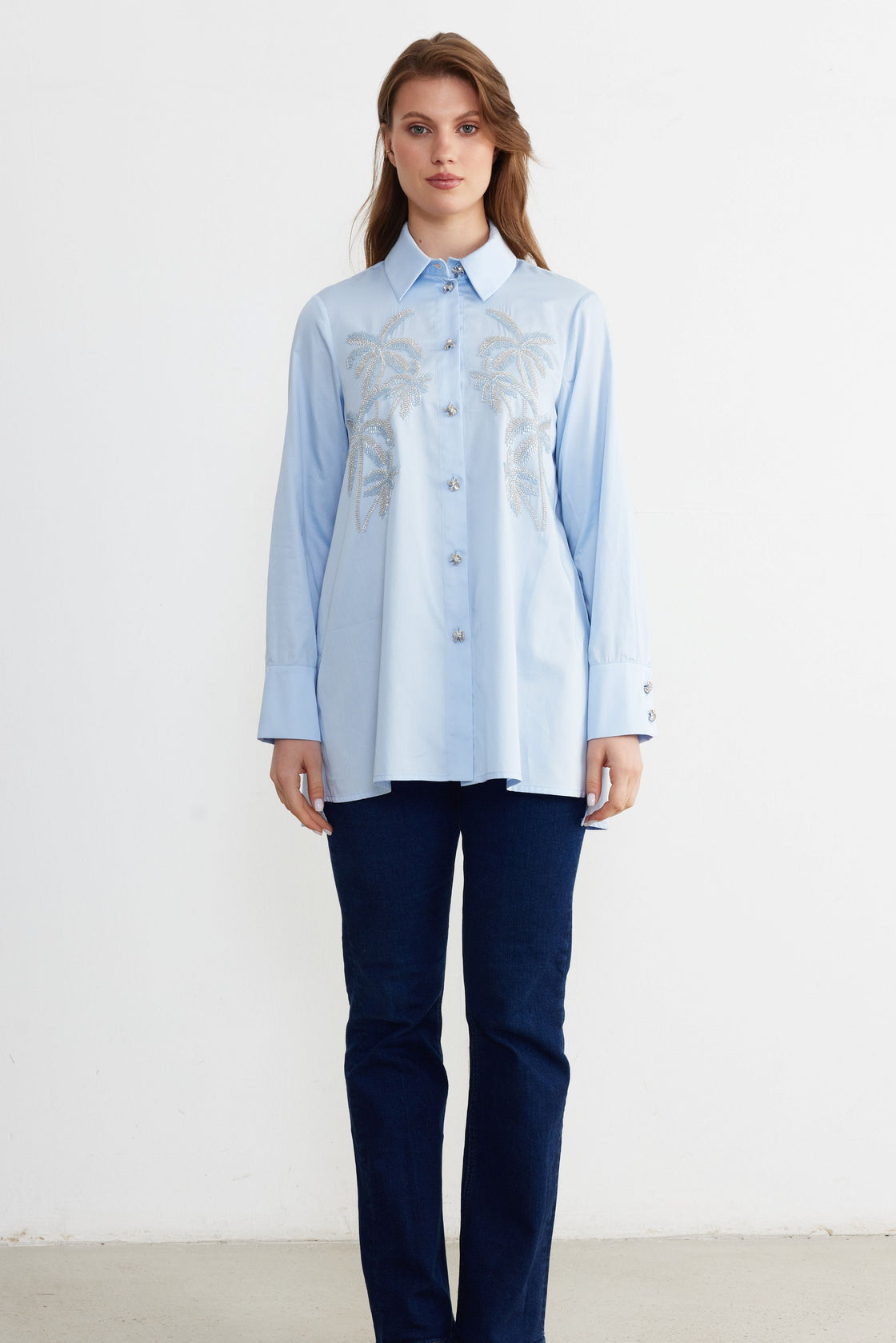 Palm-Beaded Longline Shirt — Sky Blue
