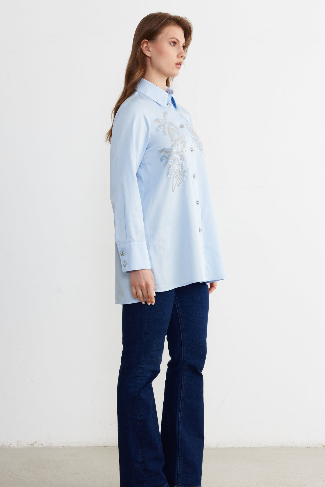 Palm-Beaded Longline Shirt — Sky Blue