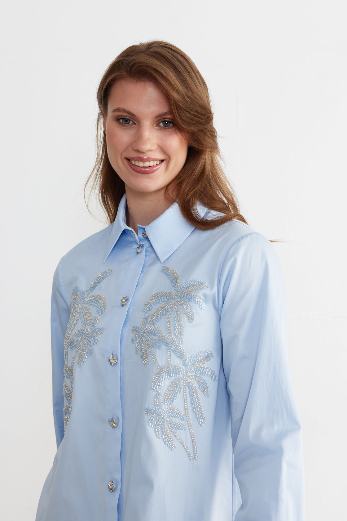 Palm-Beaded Longline Shirt — Sky Blue