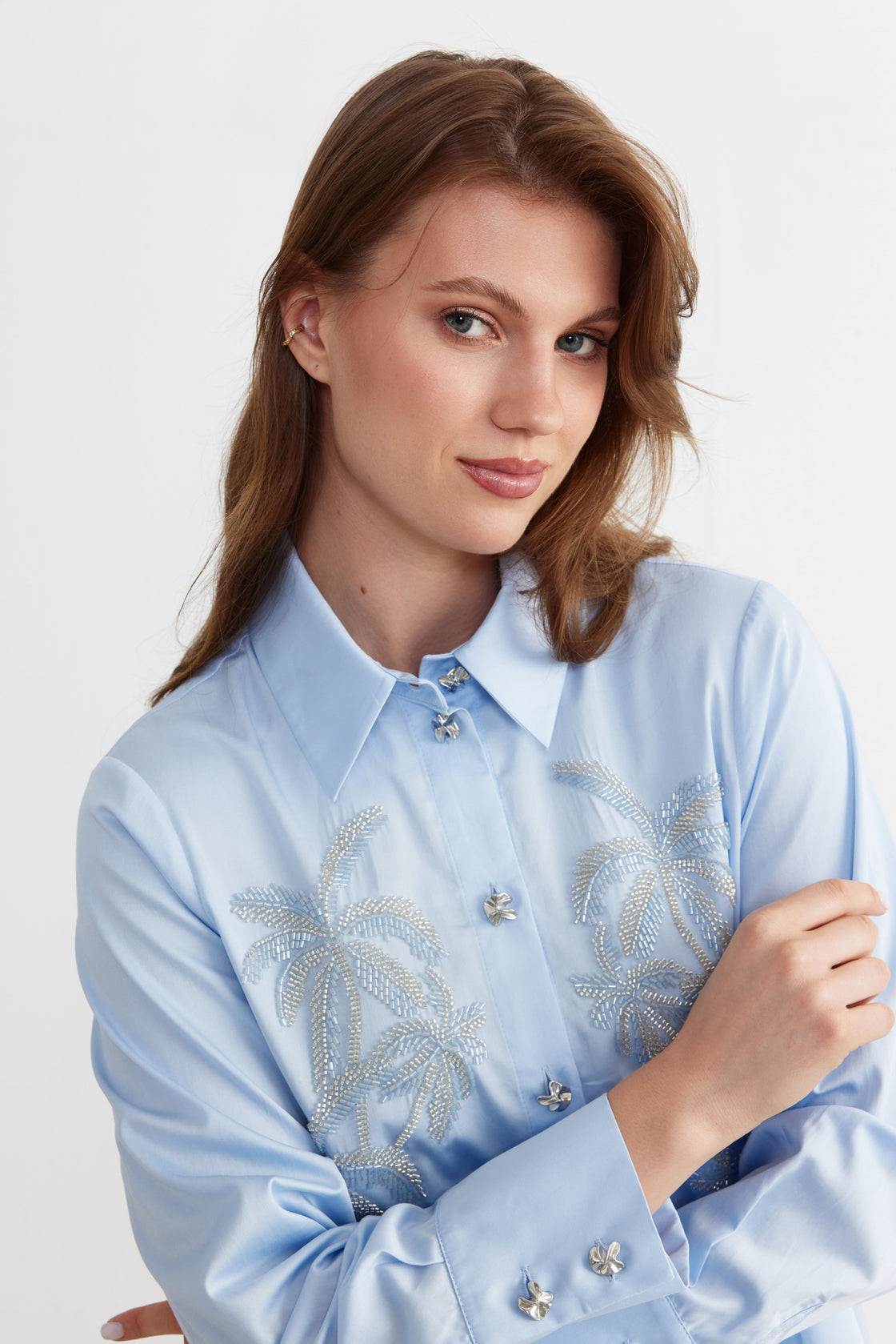 Palm-Beaded Longline Shirt — Sky Blue
