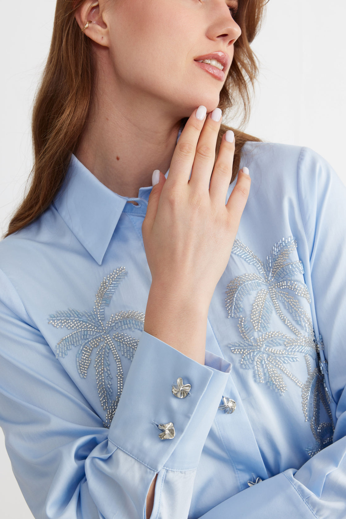 Palm-Beaded Longline Shirt — Sky Blue