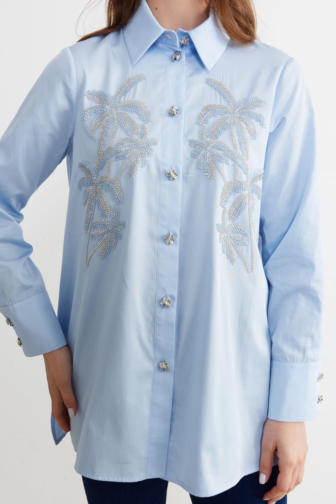 Palm-Beaded Longline Shirt — Sky Blue