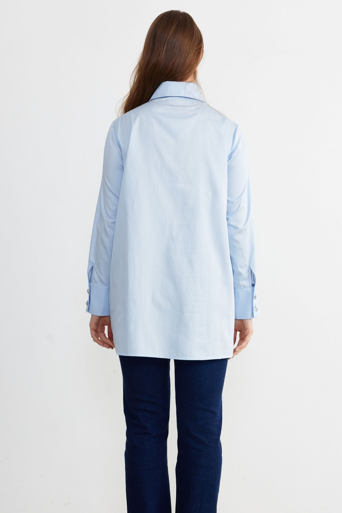 Palm-Beaded Longline Shirt — Sky Blue
