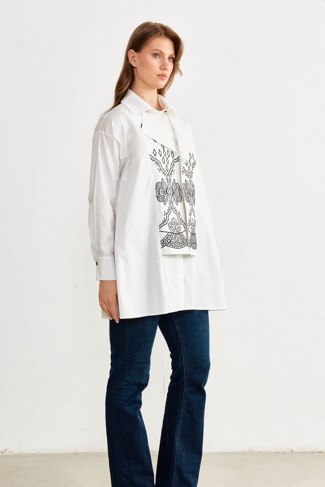 Embroidered Lapel-Panel Longline Shirt — White/Black