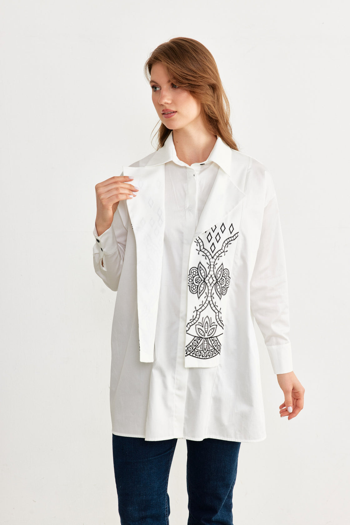 Embroidered Lapel-Panel Longline Shirt — White/Black